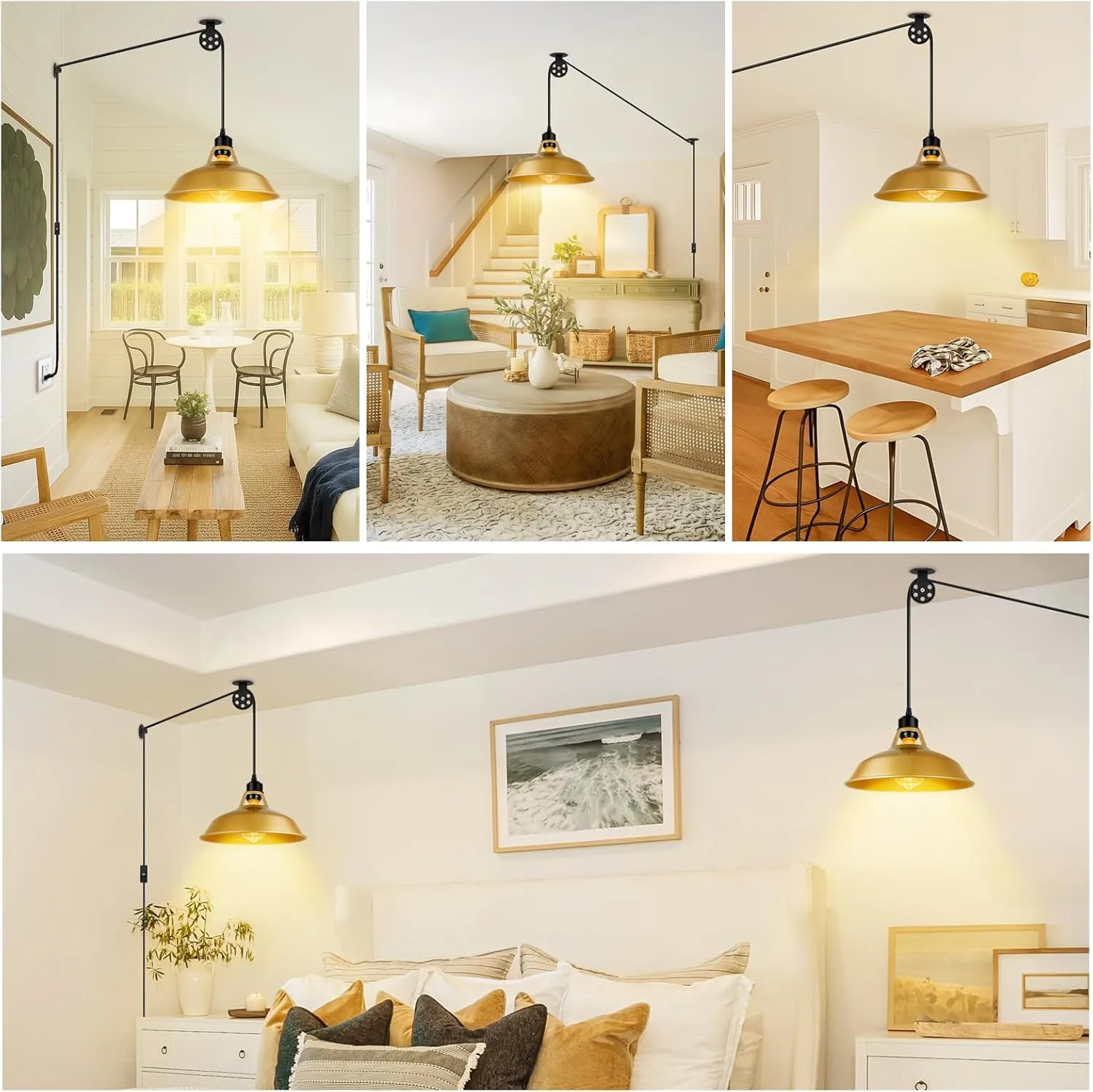 Plug in Gold Pendant Light, Mid Century Hanging Lights with Plug in Cord 14.76ft, Adjustable Pulley, Rustic Hanging Ceiling Lamp with On/Off Switch for Kitchen, Living Room, Pool Table (2 Pack)