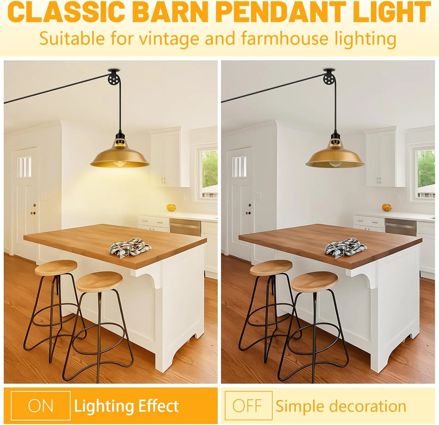 Plug in Gold Pendant Light, Mid Century Hanging Lights with Plug in Cord 14.76ft, Adjustable Pulley, Rustic Hanging Ceiling Lamp with On/Off Switch for Kitchen, Living Room, Pool Table (2 Pack)