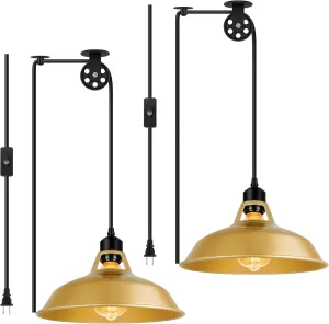Plug in Gold Pendant Light, Mid Century Hanging Lights with Plug in Cord 14.76ft, Adjustable Pulley, Rustic Hanging Ceiling Lamp with On/Off Switch for Kitchen, Living Room, Pool Table (2 Pack)
