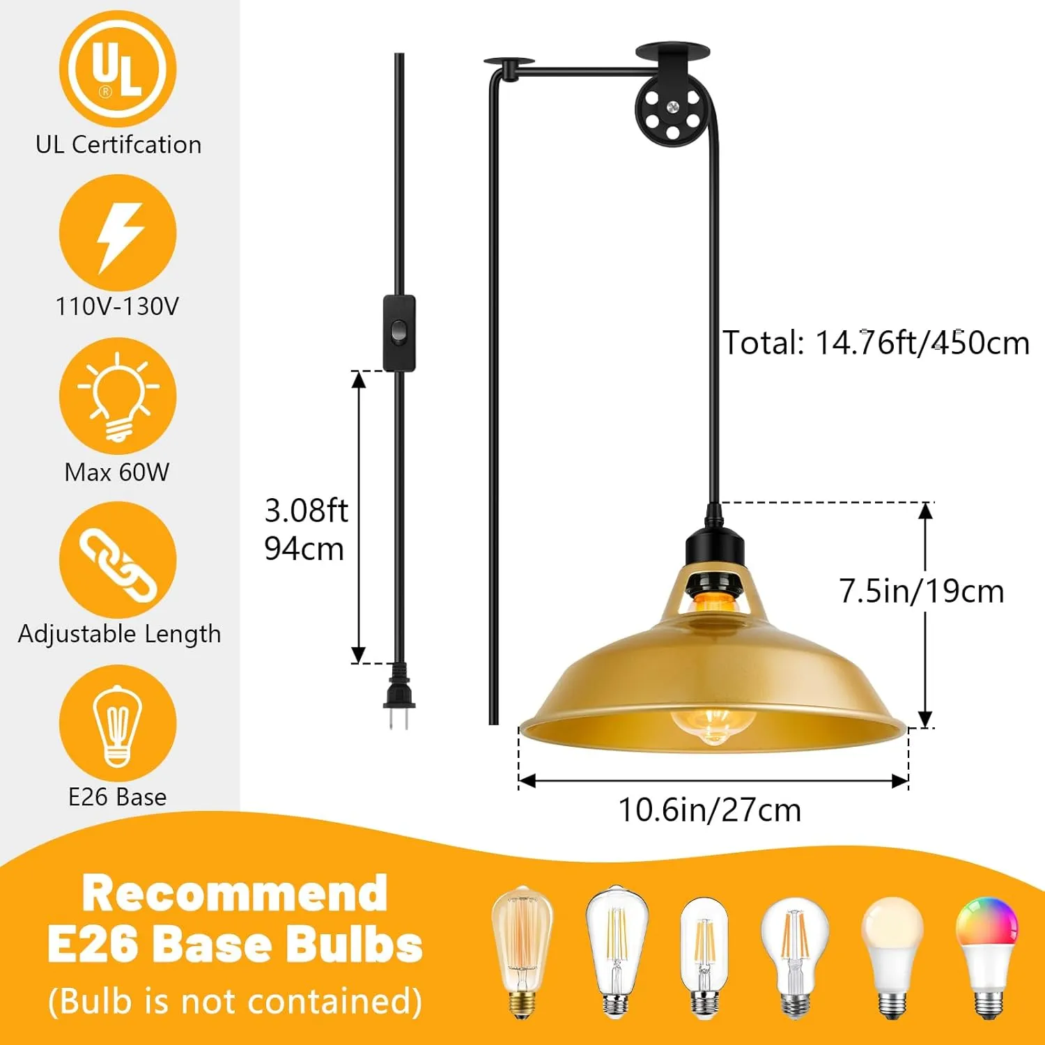 Plug in Gold Pendant Light, Mid Century Hanging Lights with Plug in Cord 14.76ft, Adjustable Pulley, Rustic Hanging Ceiling Lamp with On/Off Switch for Kitchen, Living Room, Pool Table (2 Pack)
