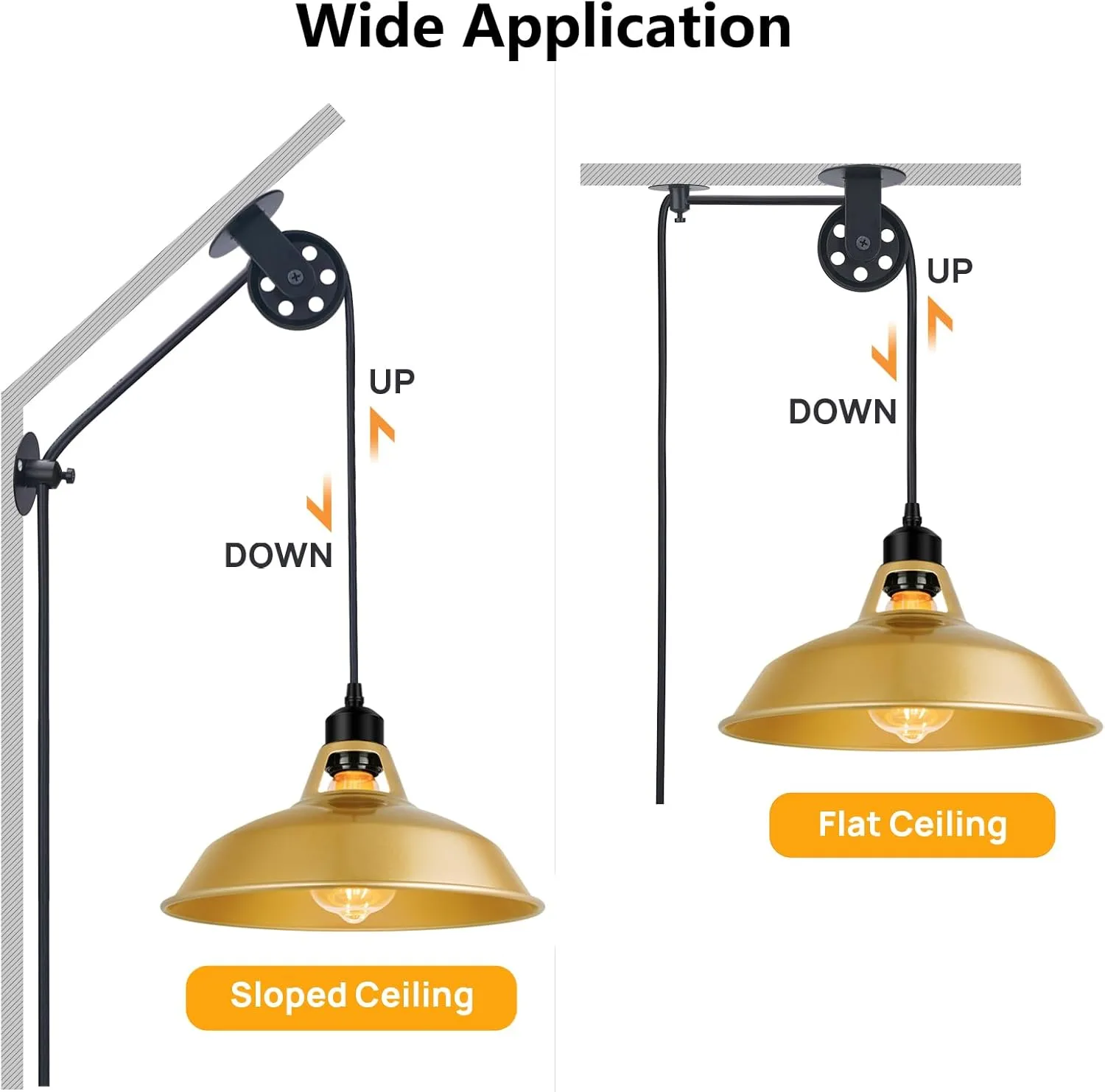 Plug in Gold Pendant Light, Mid Century Hanging Lights with Plug in Cord 14.76ft, Adjustable Pulley, Rustic Hanging Ceiling Lamp with On/Off Switch for Kitchen, Living Room, Pool Table (2 Pack)