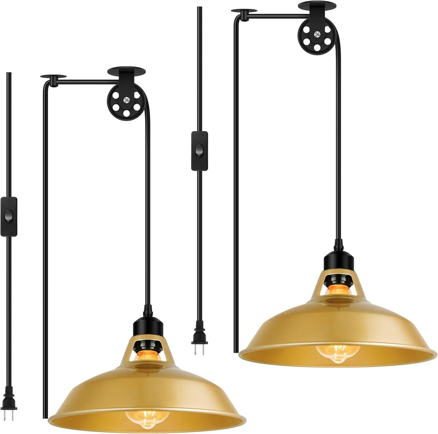 Plug in Gold Pendant Light, Mid Century Hanging Lights with Plug in Cord 14.76ft, Adjustable Pulley, Rustic Hanging Ceiling Lamp with On/Off Switch for Kitchen, Living Room, Pool Table (2 Pack)