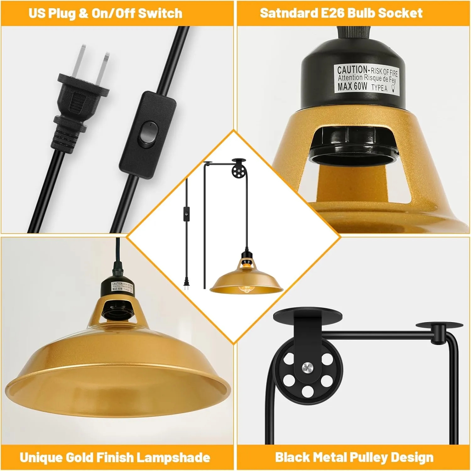 Plug in Gold Pendant Light, Mid Century Hanging Lights with Plug in Cord 14.76ft, Adjustable Pulley, Rustic Hanging Ceiling Lamp with On/Off Switch for Kitchen, Living Room, Pool Table (2 Pack)