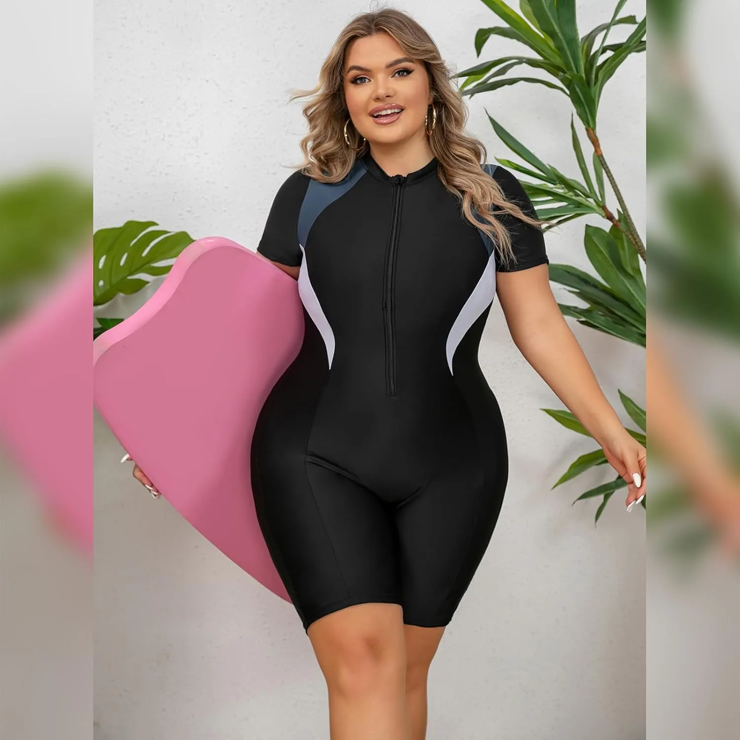 Plus Size Rash Guard for Women Zip Up High Stretchy Long Sleeve One Piece Sun Protection Swimsuits Bathing Suit