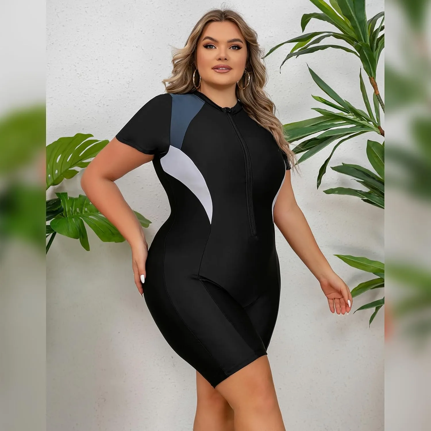 Plus Size Rash Guard for Women Zip Up High Stretchy Long Sleeve One Piece Sun Protection Swimsuits Bathing Suit