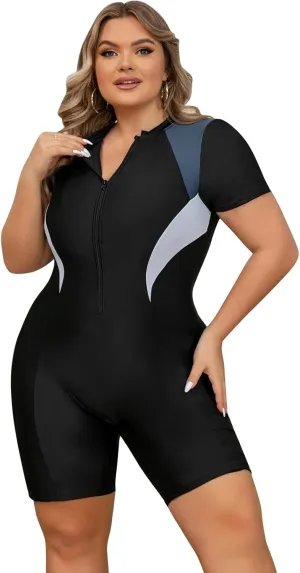 Plus Size Rash Guard for Women Zip Up High Stretchy Long Sleeve One Piece Sun Protection Swimsuits Bathing Suit