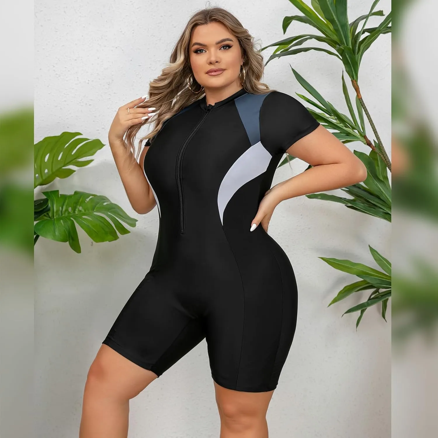 Plus Size Rash Guard for Women Zip Up High Stretchy Long Sleeve One Piece Sun Protection Swimsuits Bathing Suit