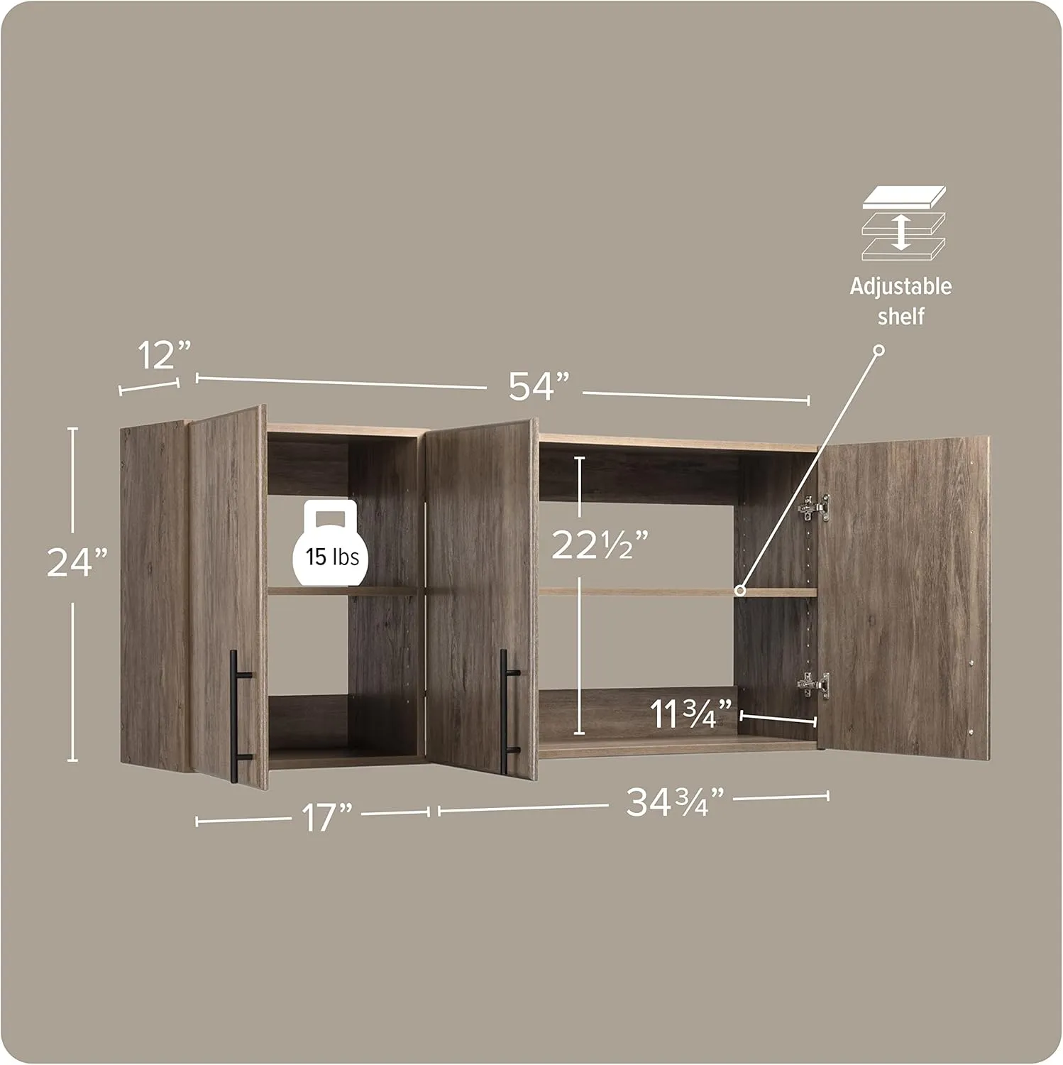 Prepac Elite Wall Mounted Storage Cabinet, 54" W x 24" H x 12" D, Drifted Gray