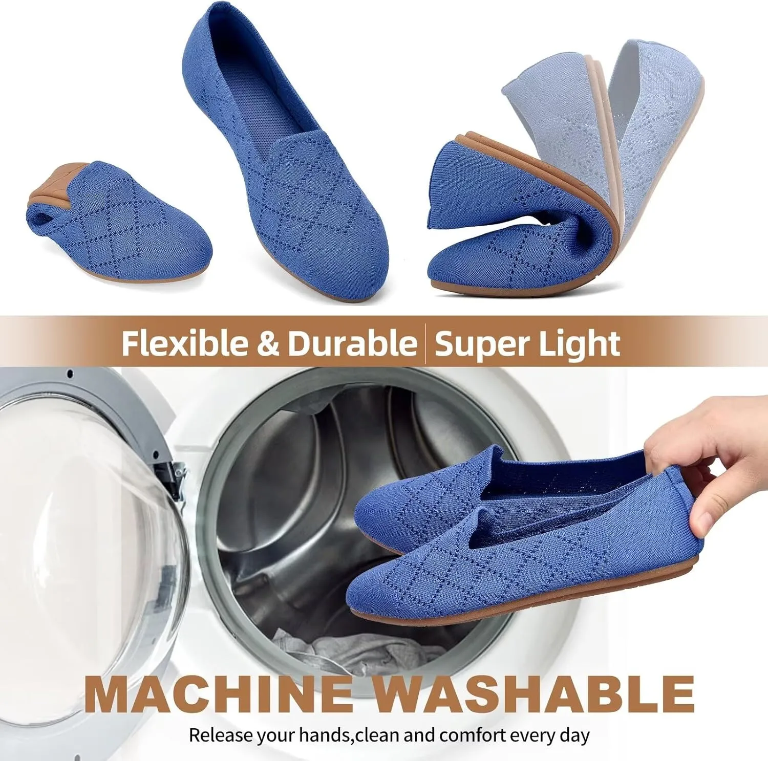 Puxowe Ballet Flats for Women - Stretch Knit Slip-On Low Wedge Shoes, Soft Round Toe Design for Office, Travel & Daily Walking