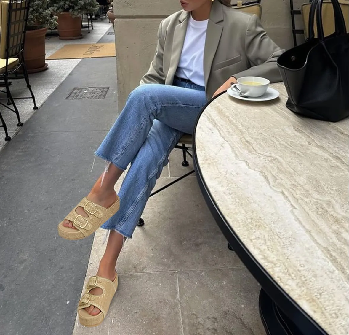Raffia Sandals for Women Platform Slide Sandals Espadrille Adjustable Double Buckle Summer Comfortable Cute Woven Casual Beach Shoes