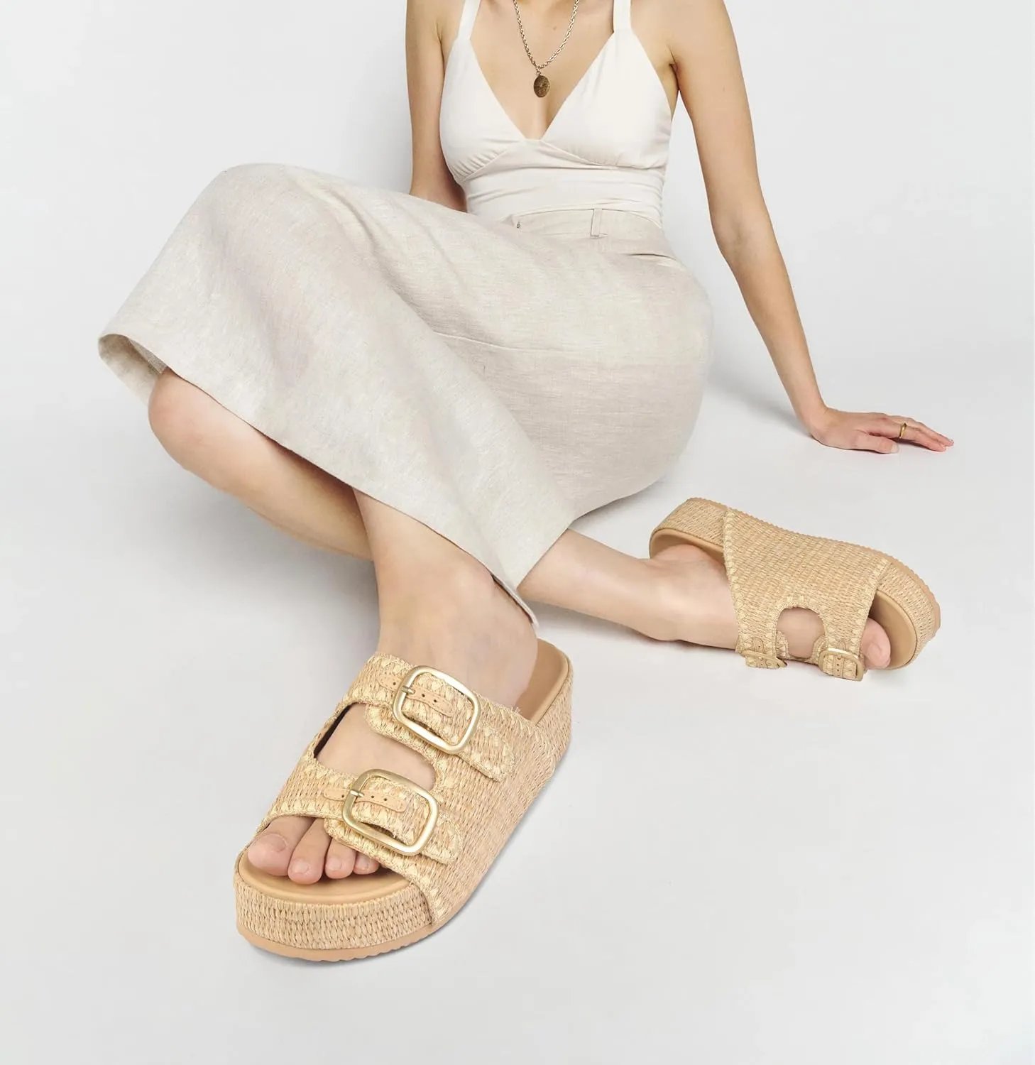 Raffia Sandals for Women Platform Slide Sandals Espadrille Adjustable Double Buckle Summer Comfortable Cute Woven Casual Beach Shoes