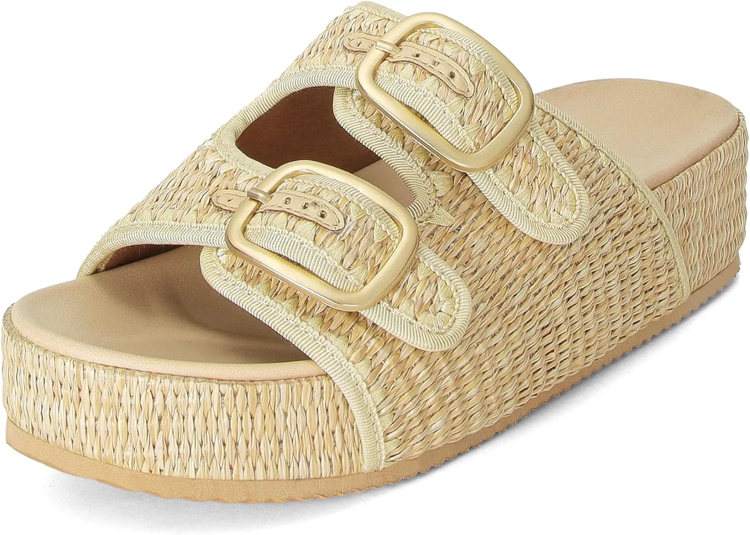 Raffia Sandals for Women Platform Slide Sandals Espadrille Adjustable Double Buckle Summer Comfortable Cute Woven Casual Beach Shoes