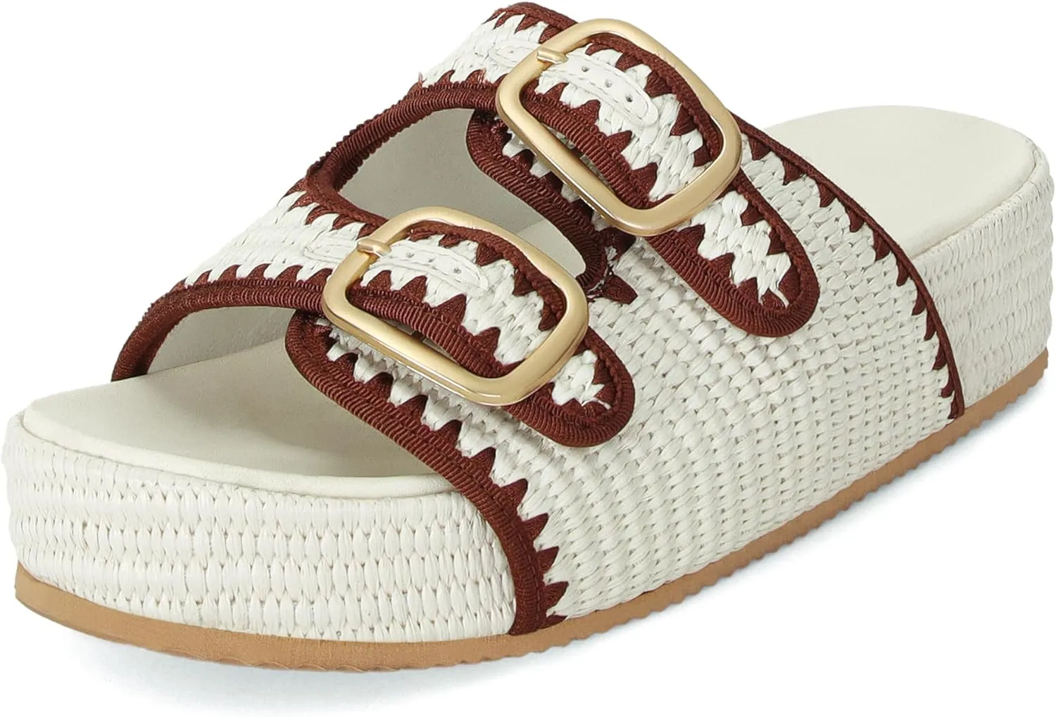 Raffia Sandals for Women Platform Slide Sandals Espadrille Adjustable Double Buckle Summer Comfortable Cute Woven Casual Beach Shoes