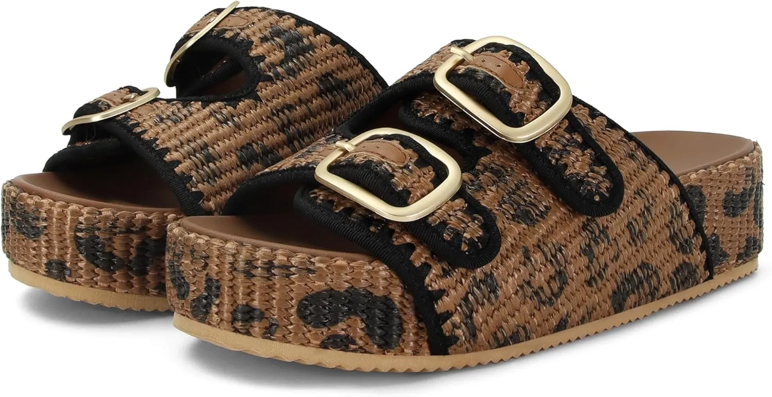 Raffia Sandals for Women Platform Slide Sandals Espadrille Adjustable Double Buckle Summer Comfortable Cute Woven Casual Beach Shoes