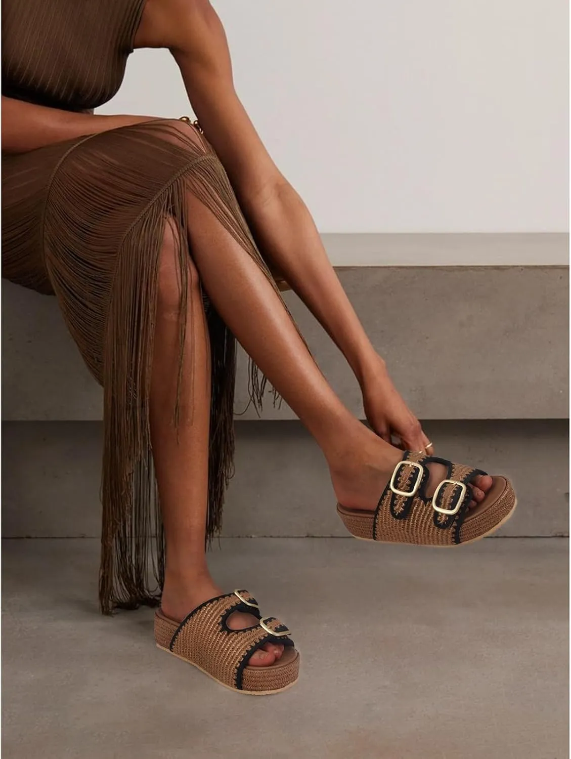 Raffia Sandals for Women Platform Slide Sandals Espadrille Adjustable Double Buckle Summer Comfortable Cute Woven Casual Beach Shoes