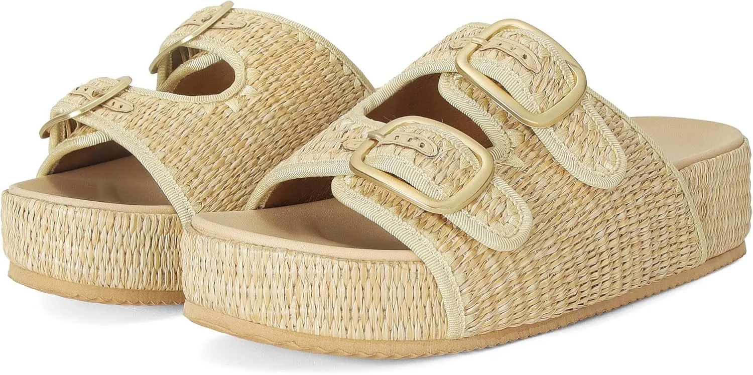 Raffia Sandals for Women Platform Slide Sandals Espadrille Adjustable Double Buckle Summer Comfortable Cute Woven Casual Beach Shoes