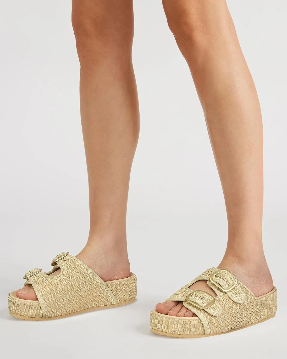Raffia Sandals for Women Platform Slide Sandals Espadrille Adjustable Double Buckle Summer Comfortable Cute Woven Casual Beach Shoes