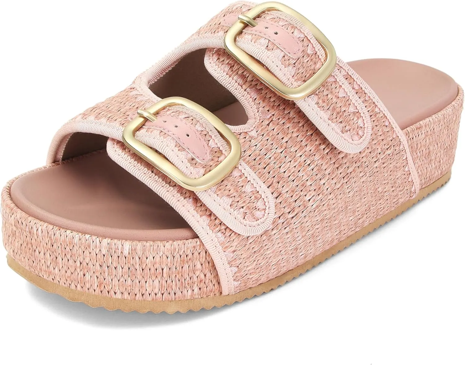 Raffia Sandals for Women Platform Slide Sandals Espadrille Adjustable Double Buckle Summer Comfortable Cute Woven Casual Beach Shoes