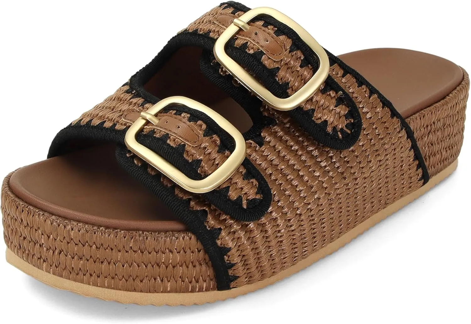 Raffia Sandals for Women Platform Slide Sandals Espadrille Adjustable Double Buckle Summer Comfortable Cute Woven Casual Beach Shoes