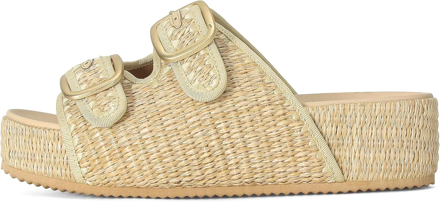 Raffia Sandals for Women Platform Slide Sandals Espadrille Adjustable Double Buckle Summer Comfortable Cute Woven Casual Beach Shoes