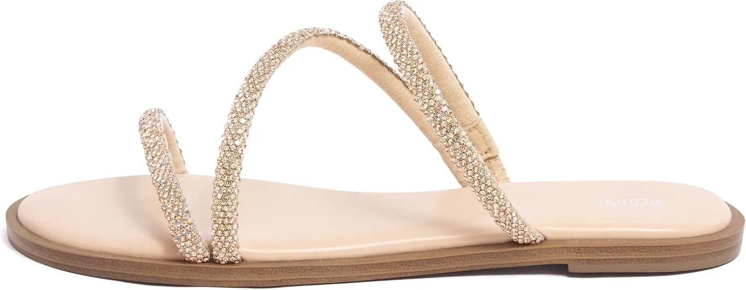 REDTOP Women's Rhinestone Flat Sandals Slip on Open Toe Memory Foam Sandals Slide Sandals for Women