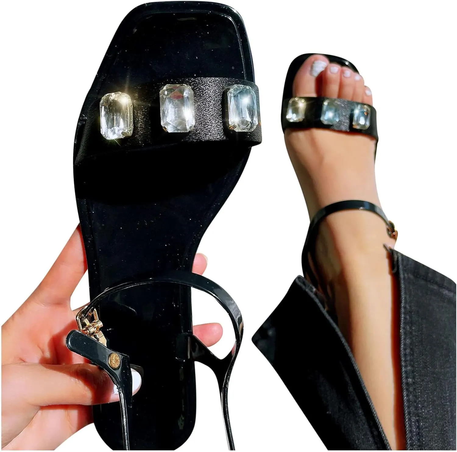 Rhinestone Sandals, Womens Flat Sandals Dressy Summer Bridal Wedding Shoes Jeweled Crystal Square Toe Flats Sandals
