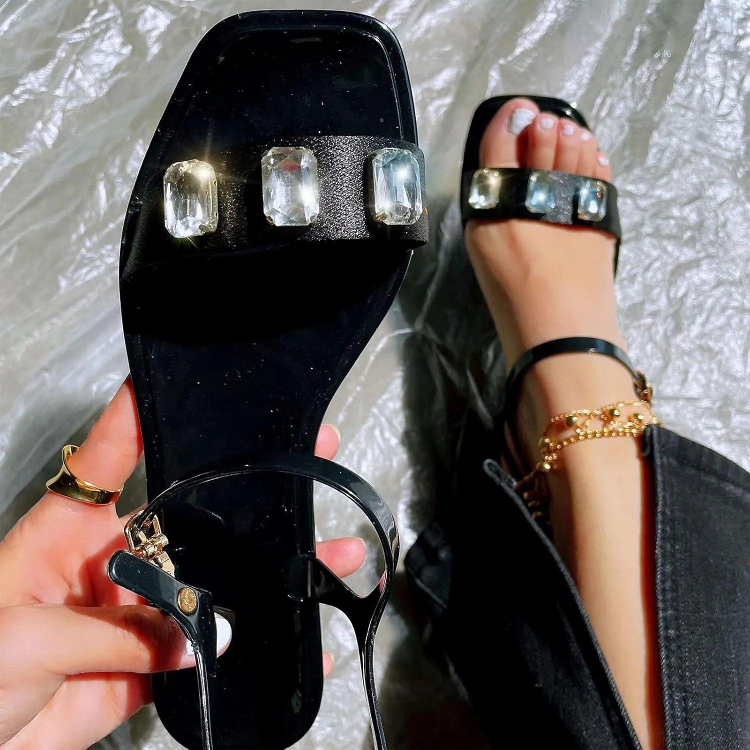 Rhinestone Sandals, Womens Flat Sandals Dressy Summer Bridal Wedding Shoes Jeweled Crystal Square Toe Flats Sandals