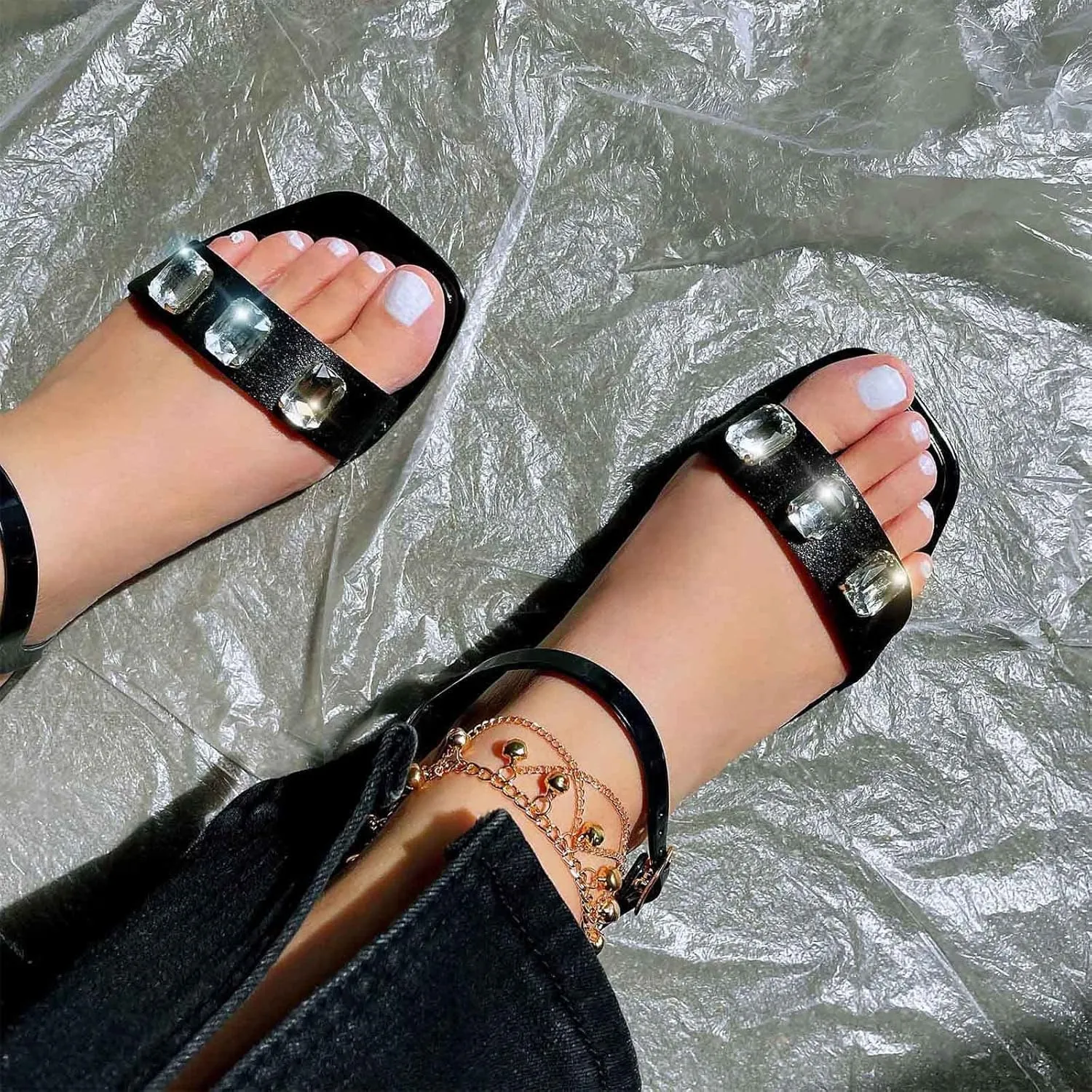 Rhinestone Sandals, Womens Flat Sandals Dressy Summer Bridal Wedding Shoes Jeweled Crystal Square Toe Flats Sandals