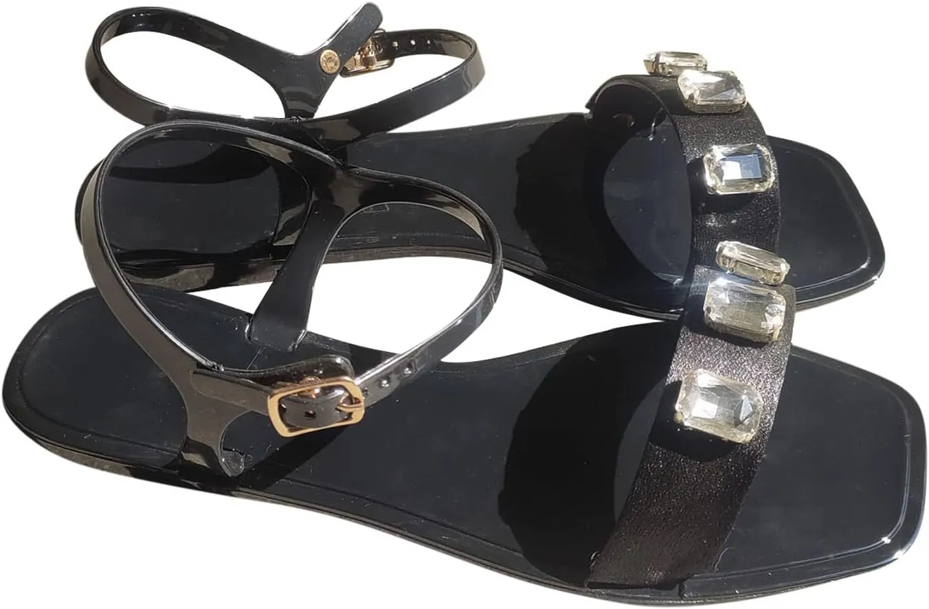 Rhinestone Sandals, Womens Flat Sandals Dressy Summer Bridal Wedding Shoes Jeweled Crystal Square Toe Flats Sandals
