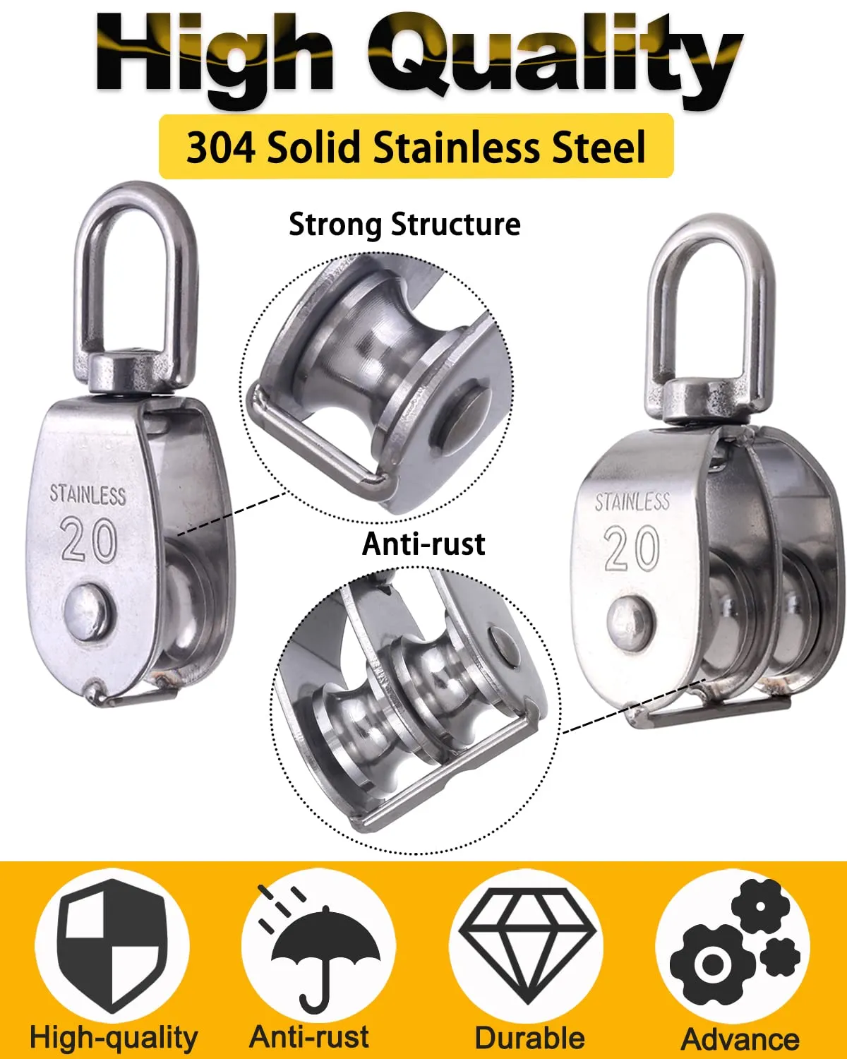 Rocaris 4 Pack M20 Pulley Block, 2 Pcs Single Pulley & 2 Pcs Double Pulley 304 Stainless Steel Wire Rope Lifting Swivel Hook