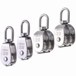 Rocaris 4 Pack M20 Pulley Block, 2 Pcs Single Pulley & 2 Pcs Double Pulley 304 Stainless Steel Wire Rope Lifting Swivel Hook