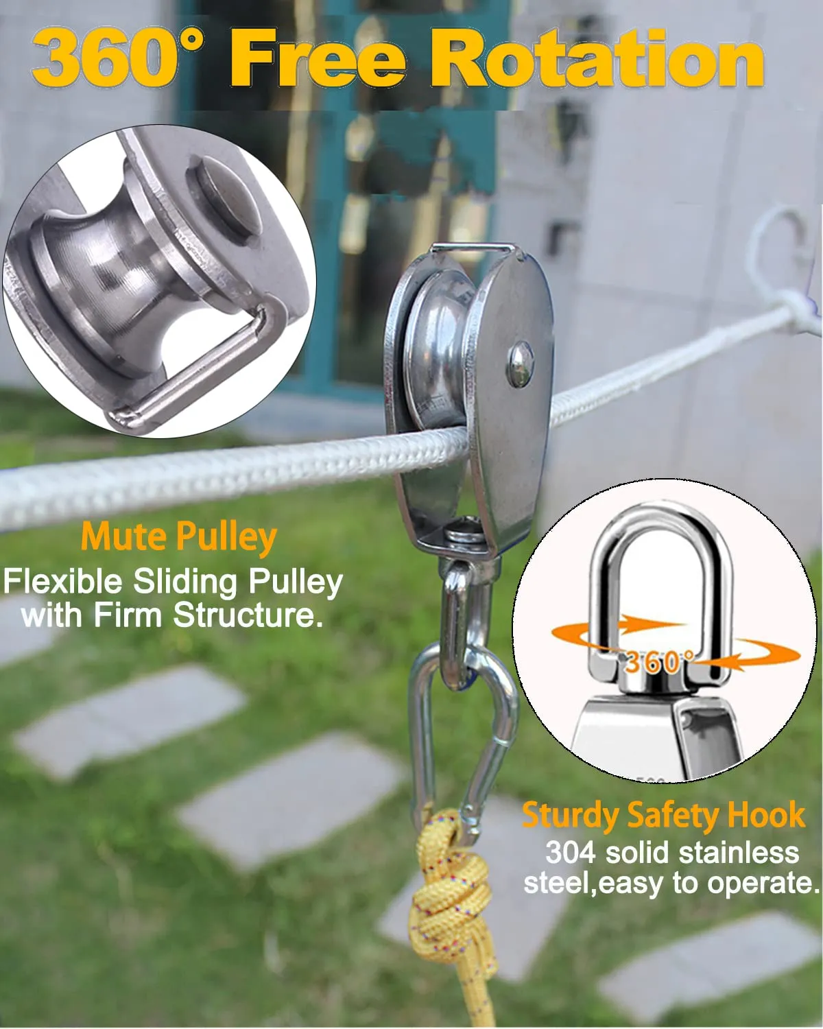 Rocaris 4 Pack M20 Pulley Block, 2 Pcs Single Pulley & 2 Pcs Double Pulley 304 Stainless Steel Wire Rope Lifting Swivel Hook
