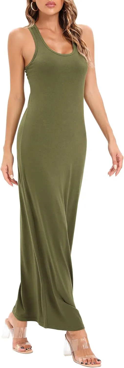Roselux Women Sleeveless Scoop Neck Striped Maxi Sundresses Loose Racerback Long Dress