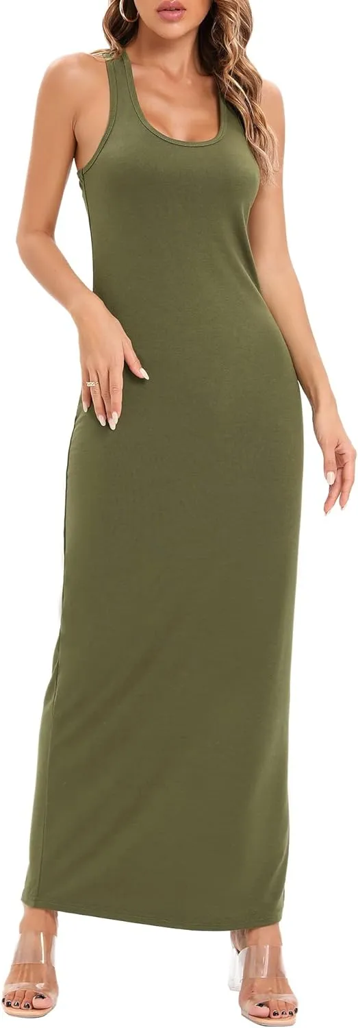 Roselux Women Sleeveless Scoop Neck Striped Maxi Sundresses Loose Racerback Long Dress