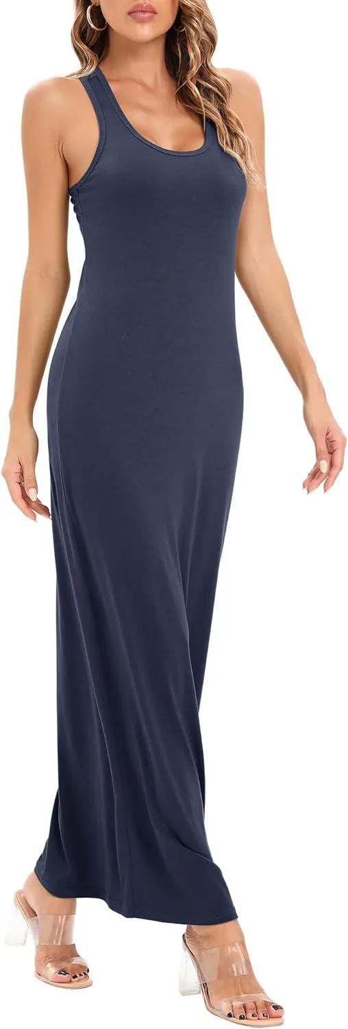 Roselux Women Sleeveless Scoop Neck Striped Maxi Sundresses Loose Racerback Long Dress