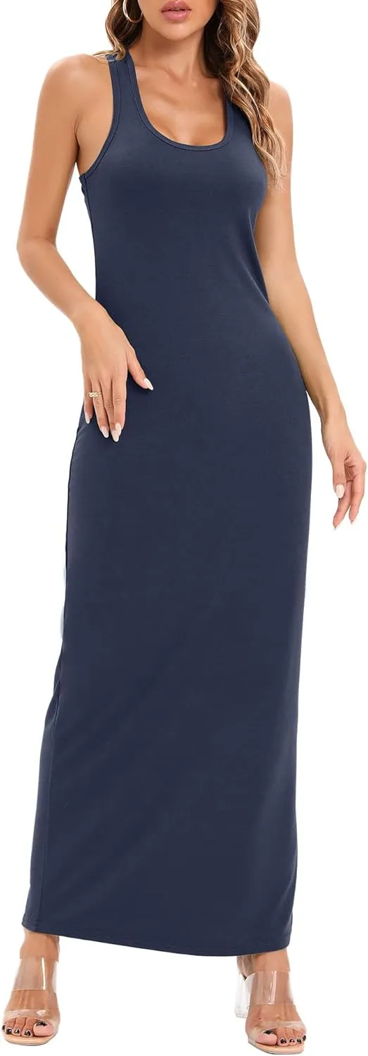 Roselux Women Sleeveless Scoop Neck Striped Maxi Sundresses Loose Racerback Long Dress
