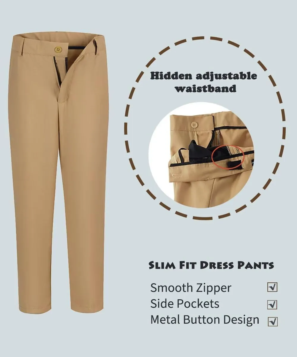 ROZU Boys Dress Pants Flat Front School Uniform Pants for Boys Toddler Kids Formal Belt Loops Boy’s Suit Pants 2T-20