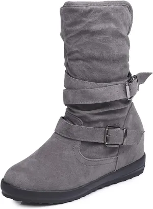 SACFOF Womens Ankle Boots Slip On Mid-Calf Slouch Booties Fashion Casual Slouch Buckle Strap Mid Calf Booties