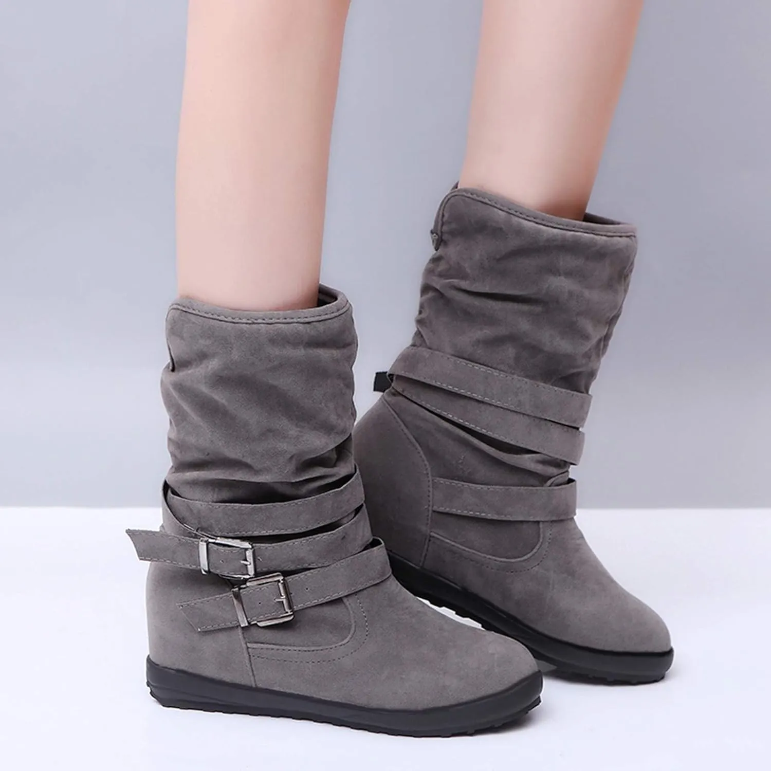 SACFOF Womens Ankle Boots Slip On Mid-Calf Slouch Booties Fashion Casual Slouch Buckle Strap Mid Calf Booties