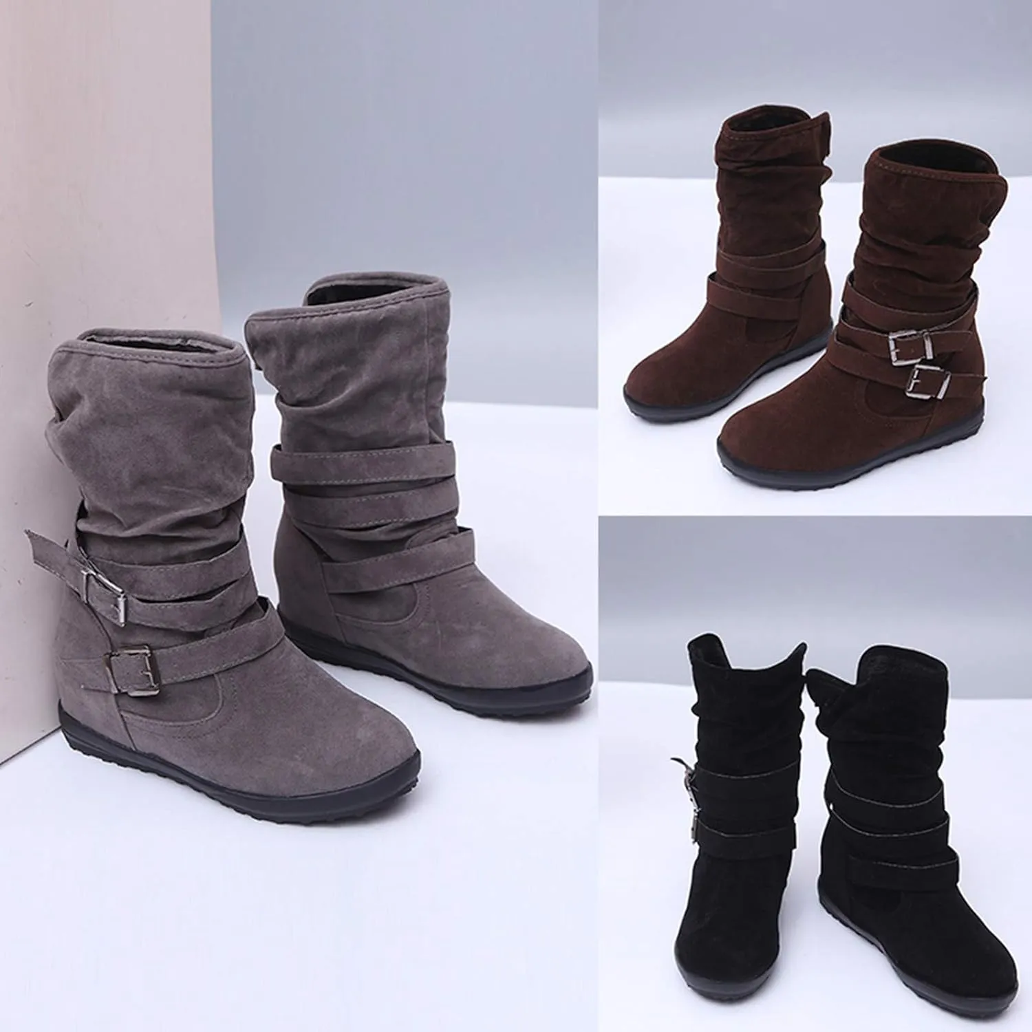 SACFOF Womens Ankle Boots Slip On Mid-Calf Slouch Booties Fashion Casual Slouch Buckle Strap Mid Calf Booties