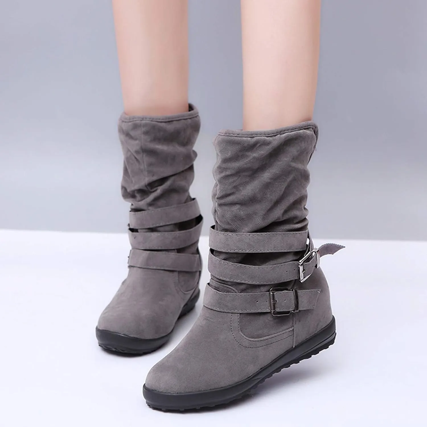 SACFOF Womens Ankle Boots Slip On Mid-Calf Slouch Booties Fashion Casual Slouch Buckle Strap Mid Calf Booties