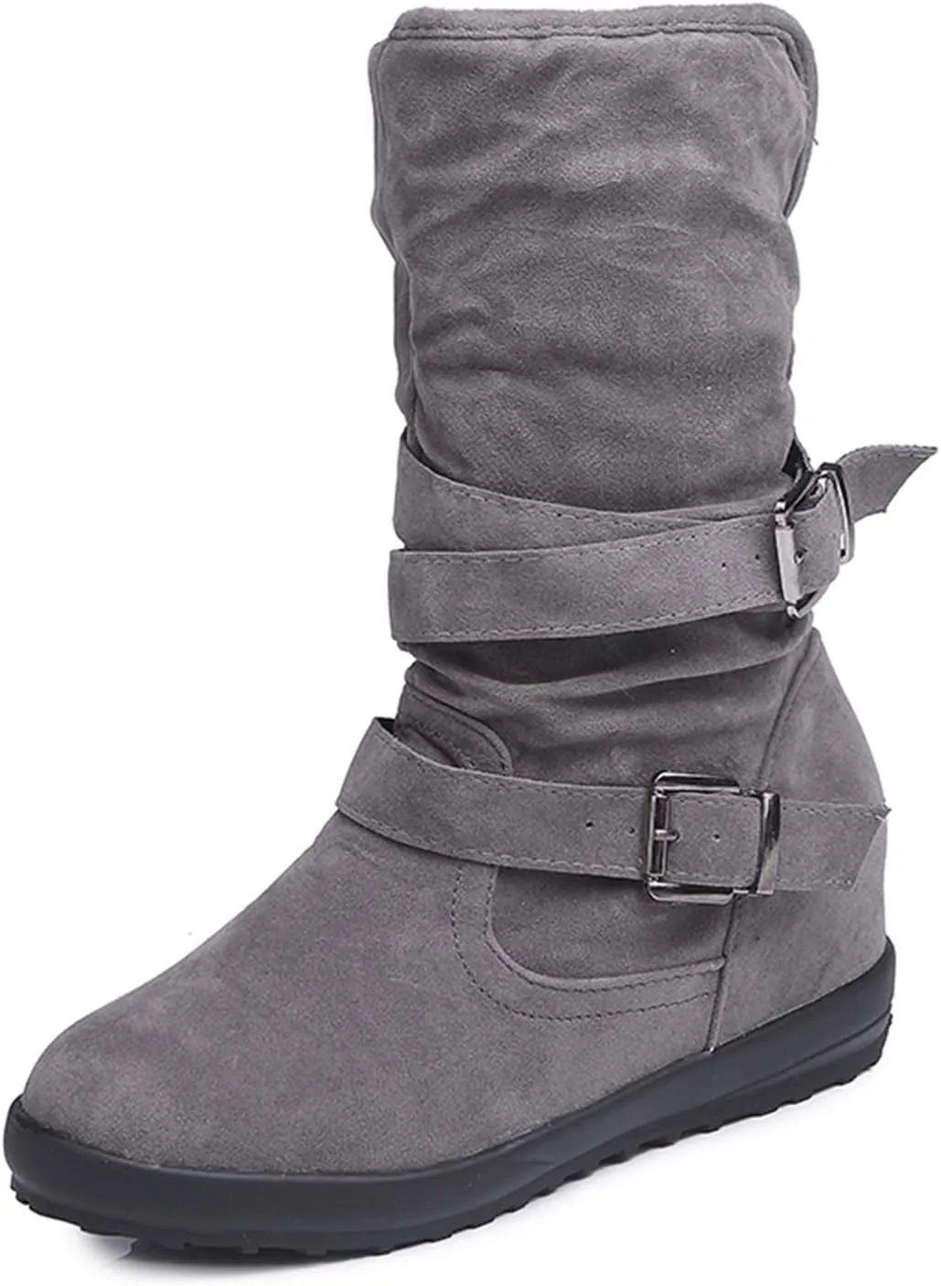 SACFOF Womens Ankle Boots Slip On Mid-Calf Slouch Booties Fashion Casual Slouch Buckle Strap Mid Calf Booties
