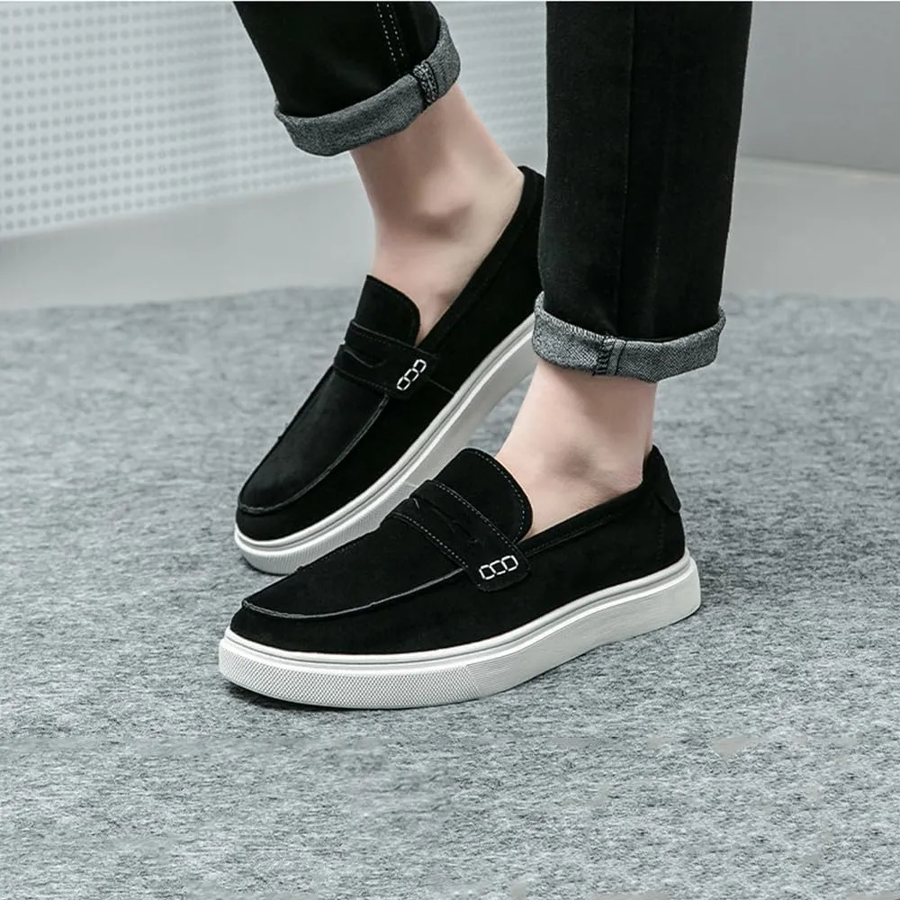Santimon Men's Suede Penny Loafers Slip-On Fashion Flat Moc Toe Shoes Casual Comfortable Black Brown