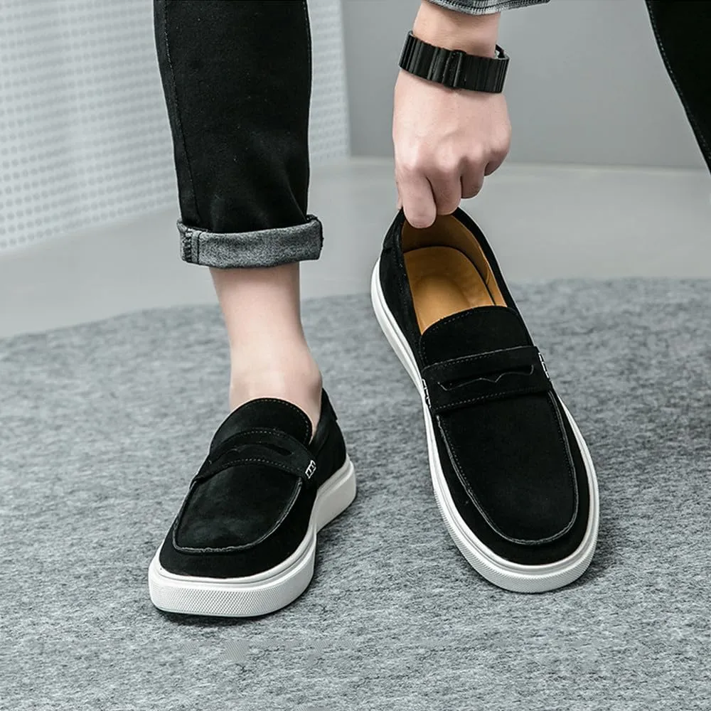 Santimon Men's Suede Penny Loafers Slip-On Fashion Flat Moc Toe Shoes Casual Comfortable Black Brown