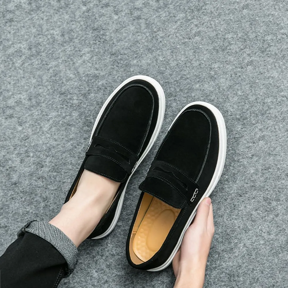 Santimon Men's Suede Penny Loafers Slip-On Fashion Flat Moc Toe Shoes Casual Comfortable Black Brown