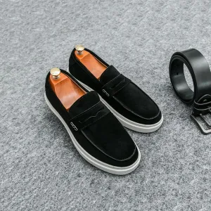 Santimon Men's Suede Penny Loafers Slip-On Fashion Flat Moc Toe Shoes Casual Comfortable Black Brown