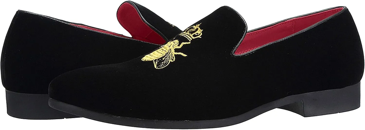 Santimon Men's Velvet Loafers Casual Slip on Dress Shoes with Gold Embroidery Smoking Slippers Flats
