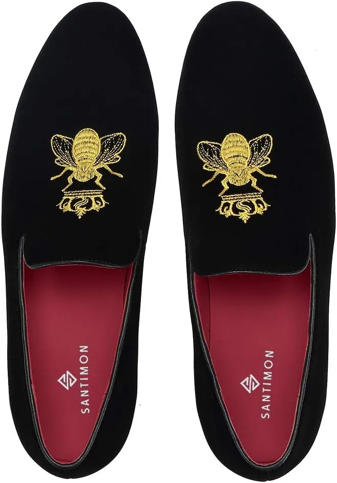 Santimon Men's Velvet Loafers Casual Slip on Dress Shoes with Gold Embroidery Smoking Slippers Flats