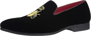 Santimon Men's Velvet Loafers Casual Slip on Dress Shoes with Gold Embroidery Smoking Slippers Flats