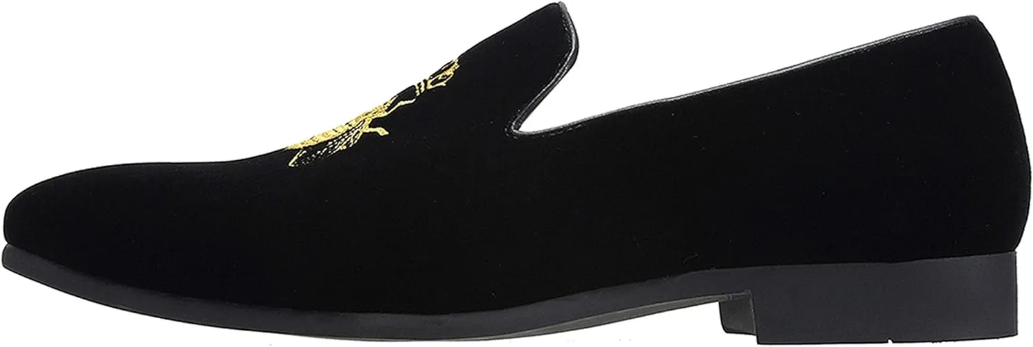 Santimon Men's Velvet Loafers Casual Slip on Dress Shoes with Gold Embroidery Smoking Slippers Flats